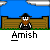 Pixelated Amish character in black hat and dark clothing stands before wooden fence with blue sky background, each frame showing different speech bubble text.