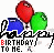 Pixelated birthday icon with red, blue, and green balloons above a black-and-white cartoon character holding a sign reading 'BIRTHDAY TO ME.'