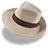 Pixelated image of a light-colored trilby hat with a dark brown band, viewed from a slightly elevated angle against a plain white background.
