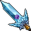Pixelated sword with blue and cyan gradient blade, purple spiral emblem on hilt area, brown handle with gold accents against gray background.