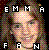 Pixelated image of a person with light skin and long brown hair, overlaid with white block letters spelling 'EMMA' above and 'FAN' below on black backgrounds.