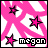Pixelated pink and white star-patterned background with four stars and the text 'megan' in black-and-white pixel font.