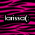 A split-screen pixel art icon with pink and blue tiger stripes, displaying 'larissa(' on the left and '<3' on the right.