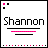 Pixelated icon with 'Shannon' text, pink and black squares in top-left corner, horizontal lines below the name, and a bottom row of alternating pink and black dots.