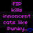 Pixelated text in bright pink on black background reads 'FIP kills innocent cats like Punky..', with a blue heart symbol at the end.
