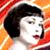 Two side-by-side animated frames of a woman with short black hair against an orange and red striped background, showing different facial expressions.