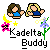 Pixel art image of two female figures with brown and blonde hair, blue tops, pink flower, yellow star, purple flower, and text Kadelta Buddy on gray background.