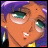 Pixelated anime-style character with purple hair and teal eyes, next to stylized text on a black background.