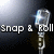 Pixelated image with 'snap & roll' text and a microphone icon on gradient background.