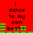 Red background with black text reading "i dance to my own beat!" and green horizontal bars in a pixelated style.