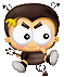 Pixelated cartoon character with brown hair, yellow sideburns, and large white eyes showing black pupils; the left eye has a small black dot while the right eye is fully open.