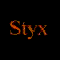 Animated sequence of orange text fragments and a landscape scene with horses, all on black background.