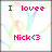 Pixelated red text reads 'I lovee Nick<3' on left side with 'S: Myy Rino :]' on right side, both over a white background with faint rainbow-colored heart outline.