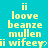 Yellow pixelated text on cyan background with repeated 'ii loove beanz mullen' and 'ii wifeyy' lines, some characters showing partial or corrupted rendering.
