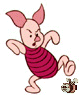 Two side-by-side animated frames of a cartoon pig character in mid-kick pose with striped shirt and small object below feet on gray background.