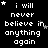 Black background with white pixelated text repeating 'i will never believe in anything again' and scattered small stars, one gray rectangle visible at bottom right.