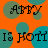 A static image with orange background, teal and green circular shapes, and repeated text 'Abby is hott' in black stylized font.
