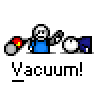 Animated contact sheet of a pixel art vacuum cleaner icon with multiple frames showing motion and text variations.