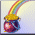 Animated sequence showing a pot of gold with rainbow, transitioning to horseshoe shape while maintaining golden color and red dot details.