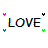 Pixelated 'LOVE' text surrounded by colored heart symbols in two on white background