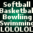 Pixelated text displays sports terms and 'LOL' repeated across a green gradient background with white lettering.