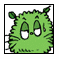 Green fuzzy creature with large eyes and small ears, black outline on white background.