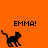 Pixelated black cat silhouette on orange background with 'EMMA!' text above, positioned at top-left, top-right, and bottom-left corners.