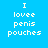 Pixelated text "I lovee penis pouches" displayed in white on blue background with pink rectangular overlays shifting