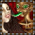Pixelated anime-style character with red hair, green eyes, and a green mouth, wearing a dark outfit against a brown background.