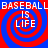 Red and blue spiral background with 'BASEBALL IS LIFE' text repeated in white pixelated font across four quadrants.