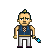 Pixel art character with short dark hair, stern expression, blue sleeveless top, white pants, and a glowing blue object in the right hand.
