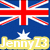 Australian flag background with white stars, yellow and green text overlays reading 'JennyZ3 Says' and 'Happy A Day', and a gray rectangular area.