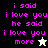 Pixelated text in pink reads "i said i love you he said i love you more" with a white star icon on black background and a black star icon on light green background.
