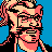 Pixelated 48x48 static icon of a character with pink hair, black glasses, and a blue background rendered in retro video game style.