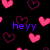 Pixelated icon with pink hearts on black background, purple 'heyy' text, and a green dinosaur with blue 'meeeee' speech bubble.