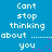 Blue background with white pixelated text repeating 'Cant stop thinking about you' and pink dots forming a trail.
