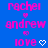 Blue background with pink pixelated text 'rachel', 'andrew', and 'love' stacked vertically, each pair separated by a small heart symbol.