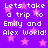 Purple background with pink stars and repeated white text reading 'Lets take a trip to Emily and Alex World!' in pixelated font.