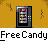 Animated contact sheet showing 25 sequential frames of a yellow stick figure interacting with a black vending machine against an orange background, each frame labeled "Free Candy" in gray text below.