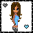 Pixel art doll with long brown hair in blue dress and gray shoes, surrounded by heart symbols that alternate between black outline and light blue fill.
