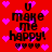 Red background with pink heart shapes and black text reading "u make me happy!" repeated twice with four small hearts below each phrase.