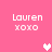 Pixelated pink background with white text 'Lauren xoxo' repeated four times and three pixel hearts in different positions.