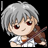 Pixelated anime-style character with silver hair and red eyes holding a violin, next to stylized text on black background.