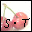 Two pink cherries with green stems on a white background, with black text 'S·T' overlaid on the lower left cherry.