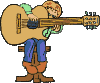Pixel art animation of a character playing an acoustic guitar, showing sequential hand and foot positions across frames.