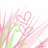 Pixelated pink and green floral design with abstract heart shapes on white background