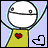 Pixelated cartoon character with white face, black glasses, yellow shirt featuring red heart symbol, and light blue arms against lavender background.