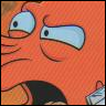 Close-up of an orange cartoon character with wide eyes and a slightly open mouth, showing a surprised expression.