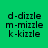 Green background with black text reading d-dizzle, m-mizzle, k-kizzle in two ; white rectangular overlays shift position across frames