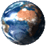 A rotating globe animation showing Earth from multiple angles with blue oceans, brown landmasses, and white clouds against a gray background.